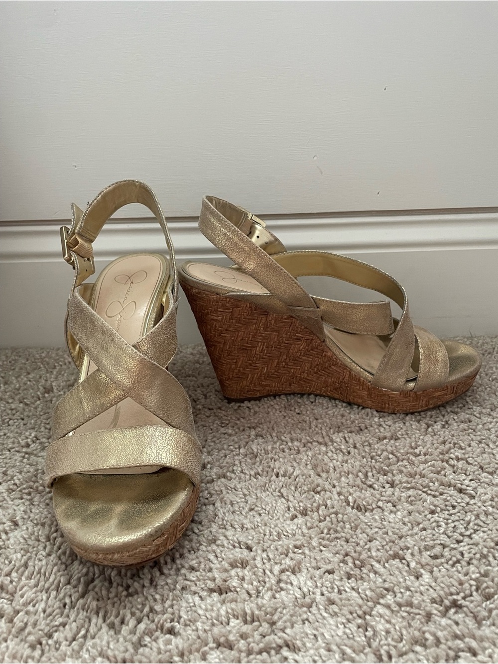 Jessica Simpson Gold Metallic Crisscross Slingback Wedges